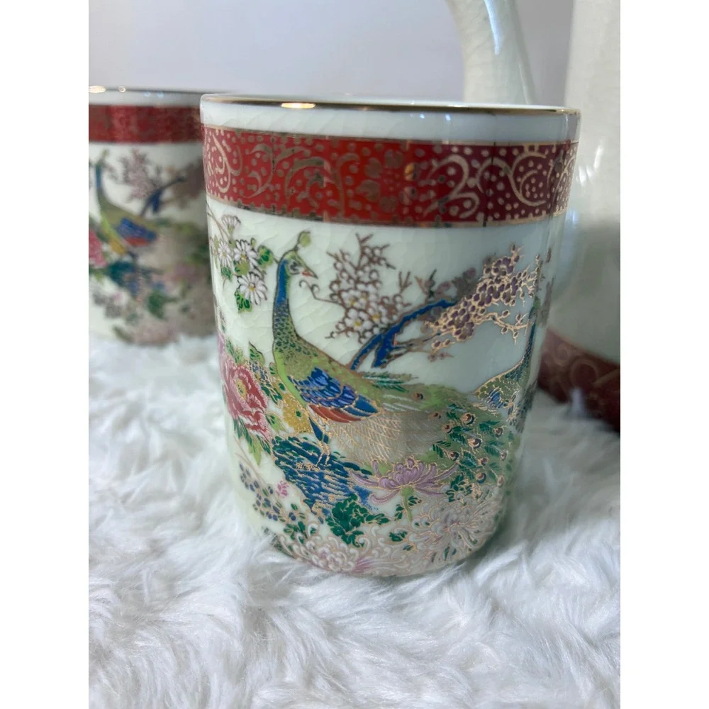 Vintage Peacock Tea Set Teapot 3 Cups Crackle Glaze Japan 1979 Arnart Satsuma
